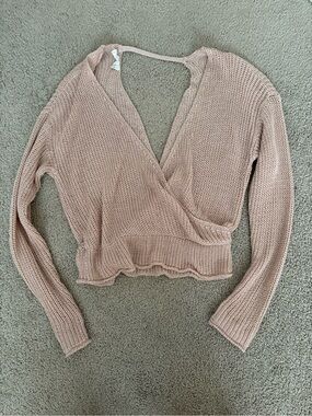 Sky and Sparrow Blush Pink Wrap Knit Cropped Sweater
